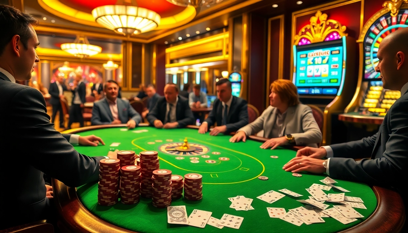 Players enjoying a thrilling poker game at https://topclub.space/ with vibrant chips and a roulette wheel.