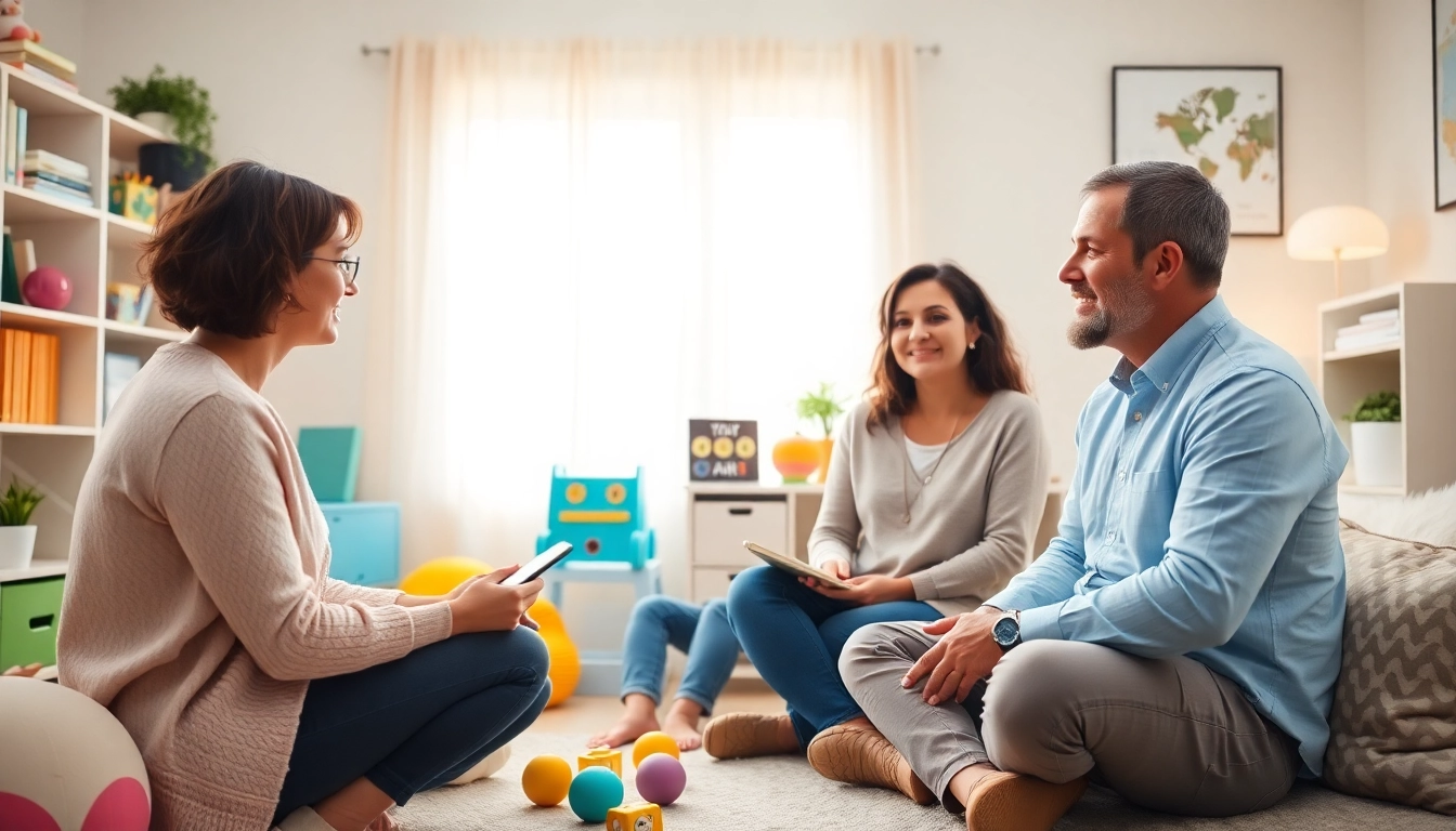 Engaging consultation scene at https://www.kiddsaba.com with a child psychologist and parents.