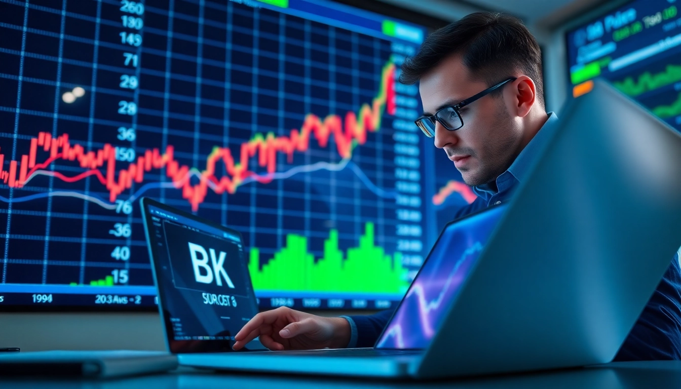 Analyze BK stock price changes on a trading laptop in a professional setting.