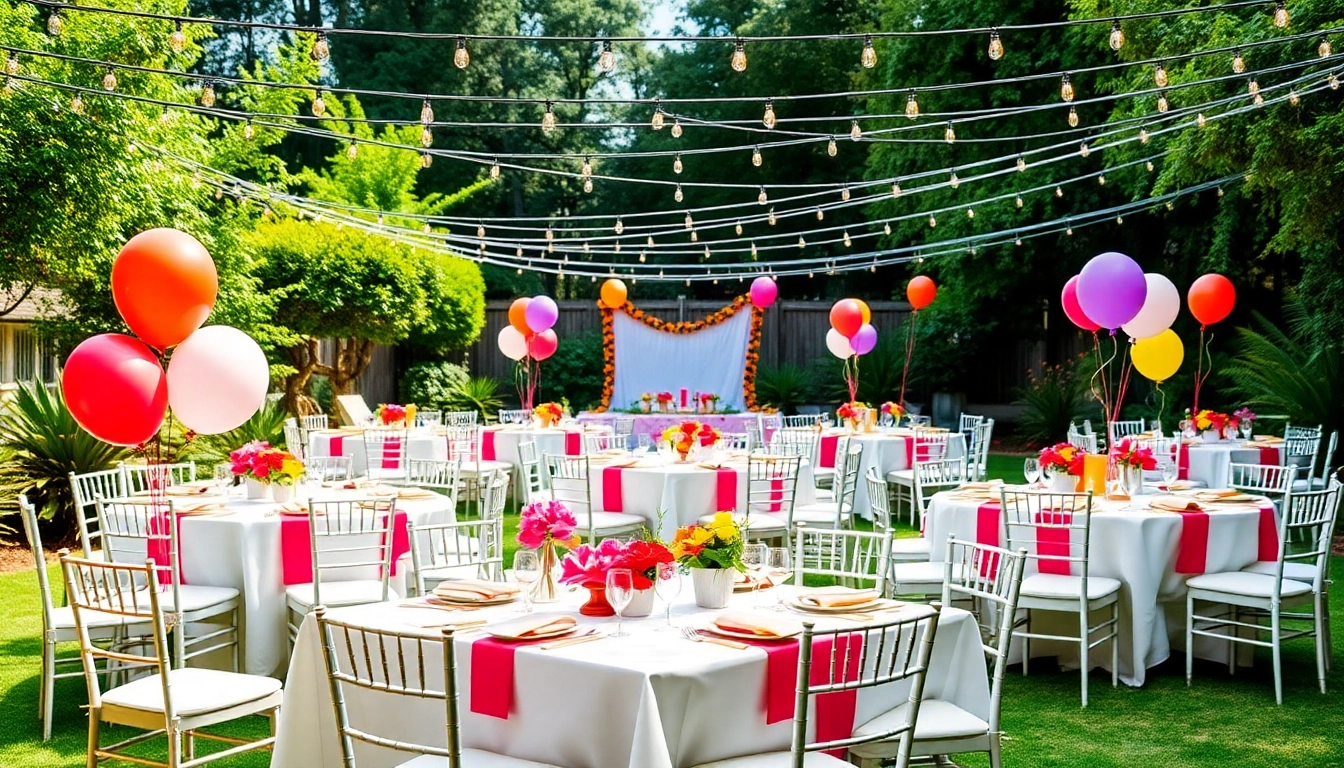 Enjoy vibrant Party Rentals with elegant setups and decorations in a charming outdoor garden.