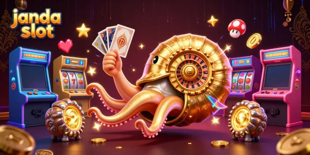 Permainan janda slot yang menampilkan nautilus raksasa, simbol buah, dan mesin slot berwarna-warni.