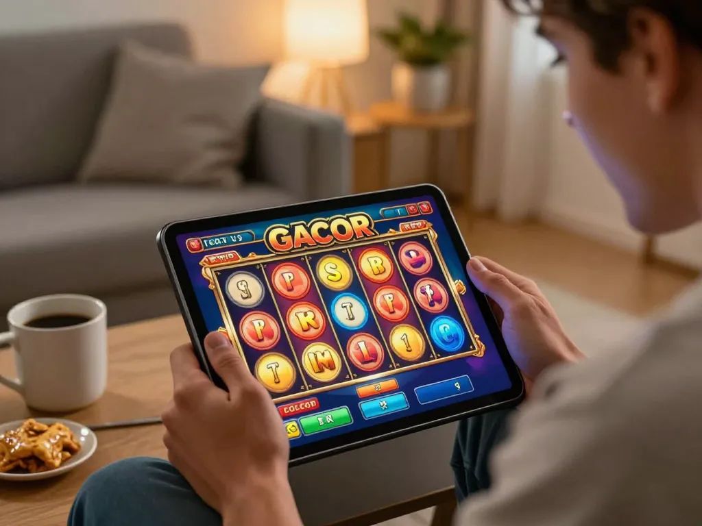SLOT GACOR showcased on a tablet screen as a player engages in thrilling online gaming at home.