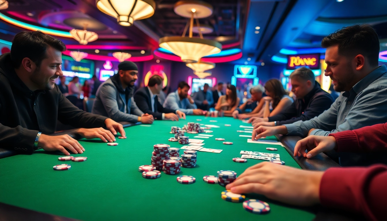 Permainan poker di www.agencetitan.com/en/ dengan cahaya cerah dan suasana bersemangat.