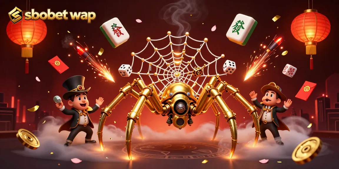 Experience the thrill of sbobet wap with a vibrant 3D illustration showcasing a golden spider and Victorian elements.