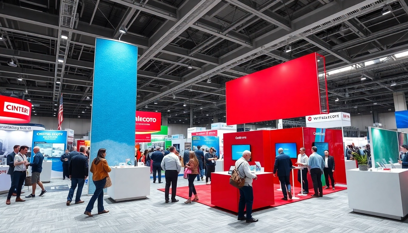 Engage with dynamic trade show displays showcasing vibrant designs at a busy exhibition.