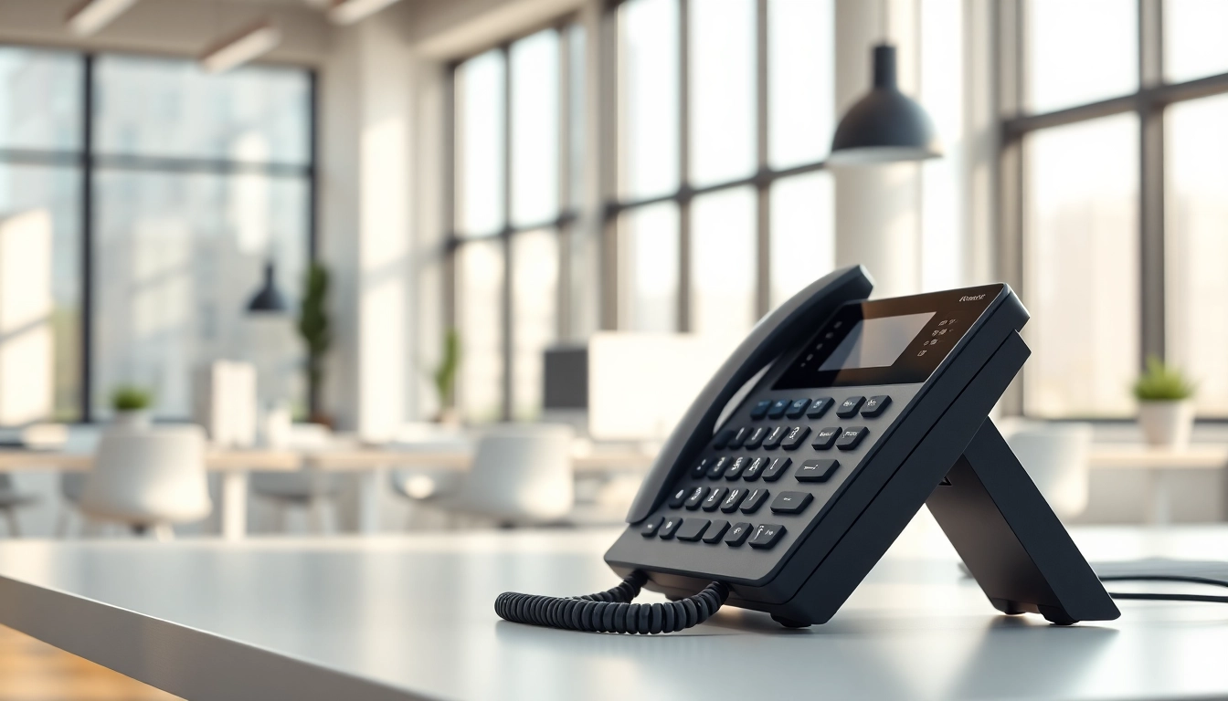 Showcase a modern business phone exhibiting advanced features in a professional office environment.