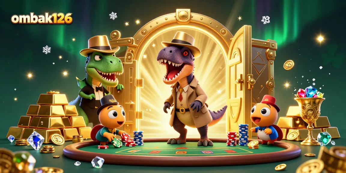 Experience the thrill at ombak126 with a velociraptor at the blackjack table in this dynamic scene.