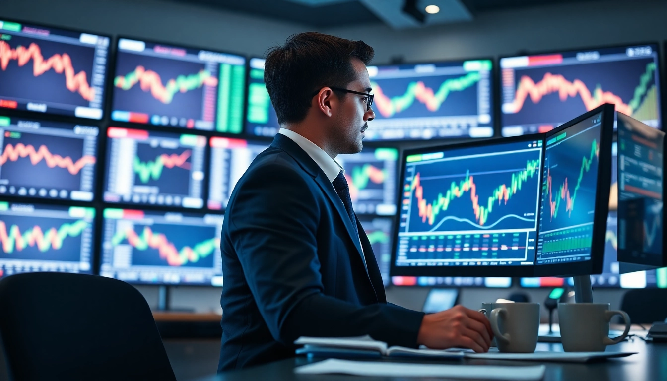 Trader analyzing strategies with hotforex mt4 platform on multiple screens in a modern office environment.