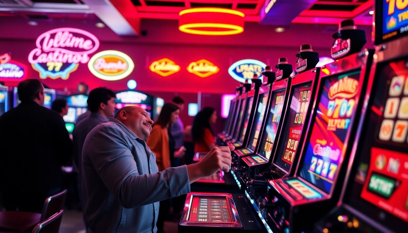 Online Casino spielen in einem lebhaften Spielszene mit Spielern an Slots und Neonlichtern.