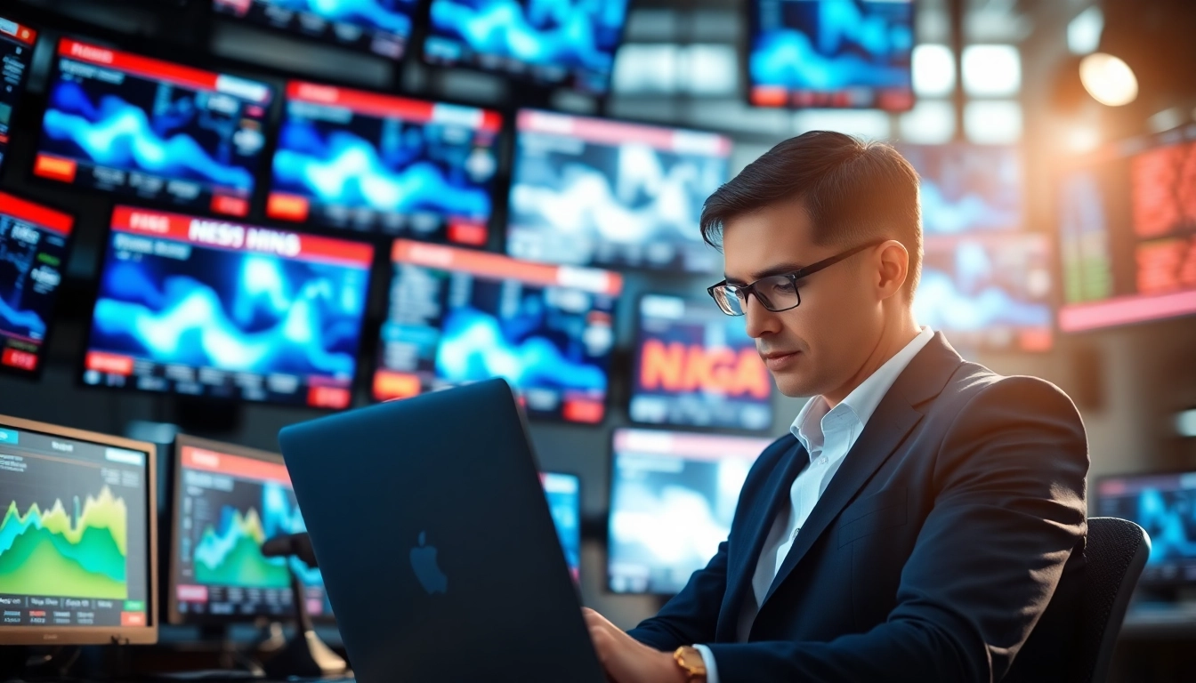Captivating news journalist engaged with technology in a vibrant newsroom.