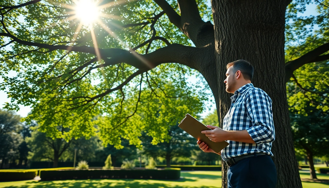 Tree Consultancy expert evaluating a tree's health in a sunny park setting.