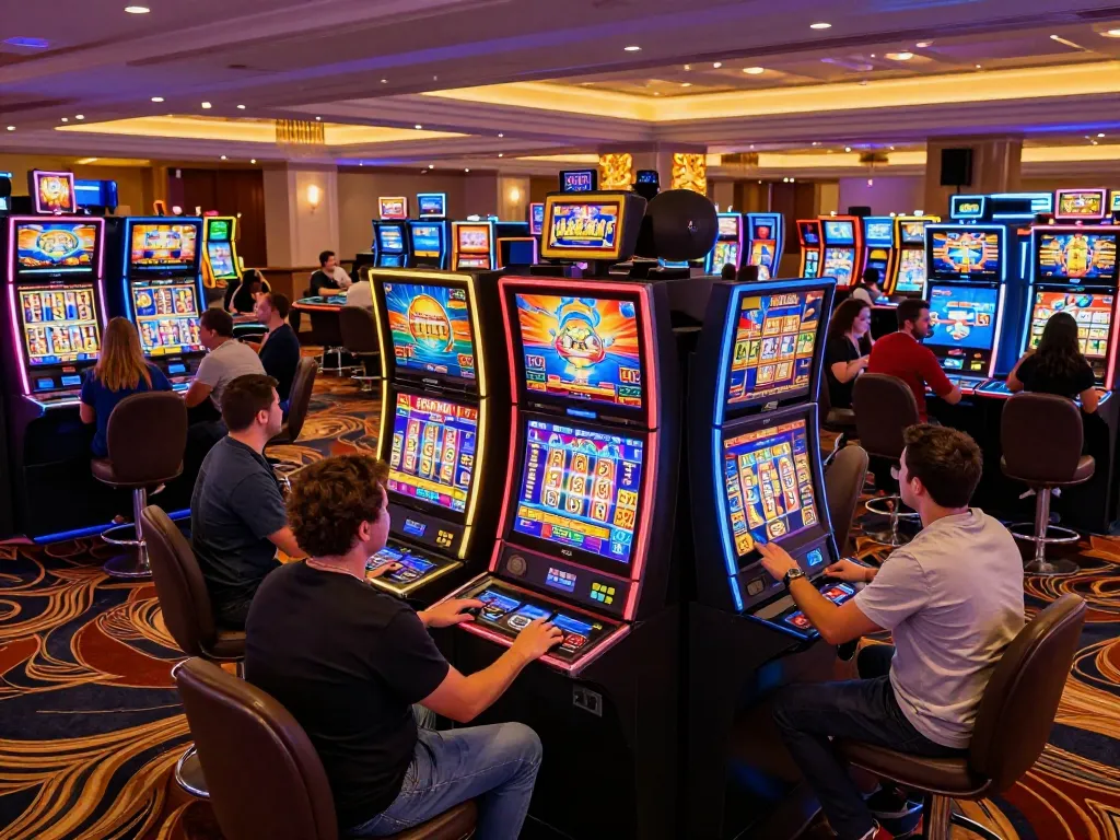 Experience the thrilling atmosphere of slot server thailand with players enjoying winning moments at vibrant machines.