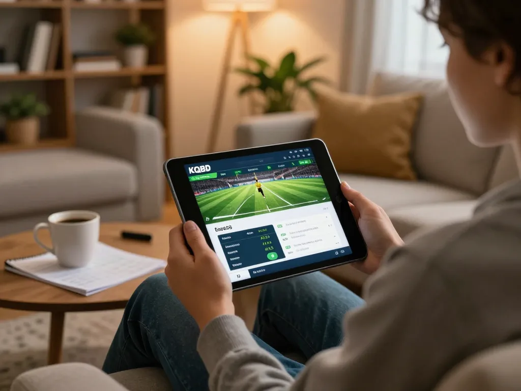 Engaged user checking KQBD online betting statistics on tablet in cozy home setting.