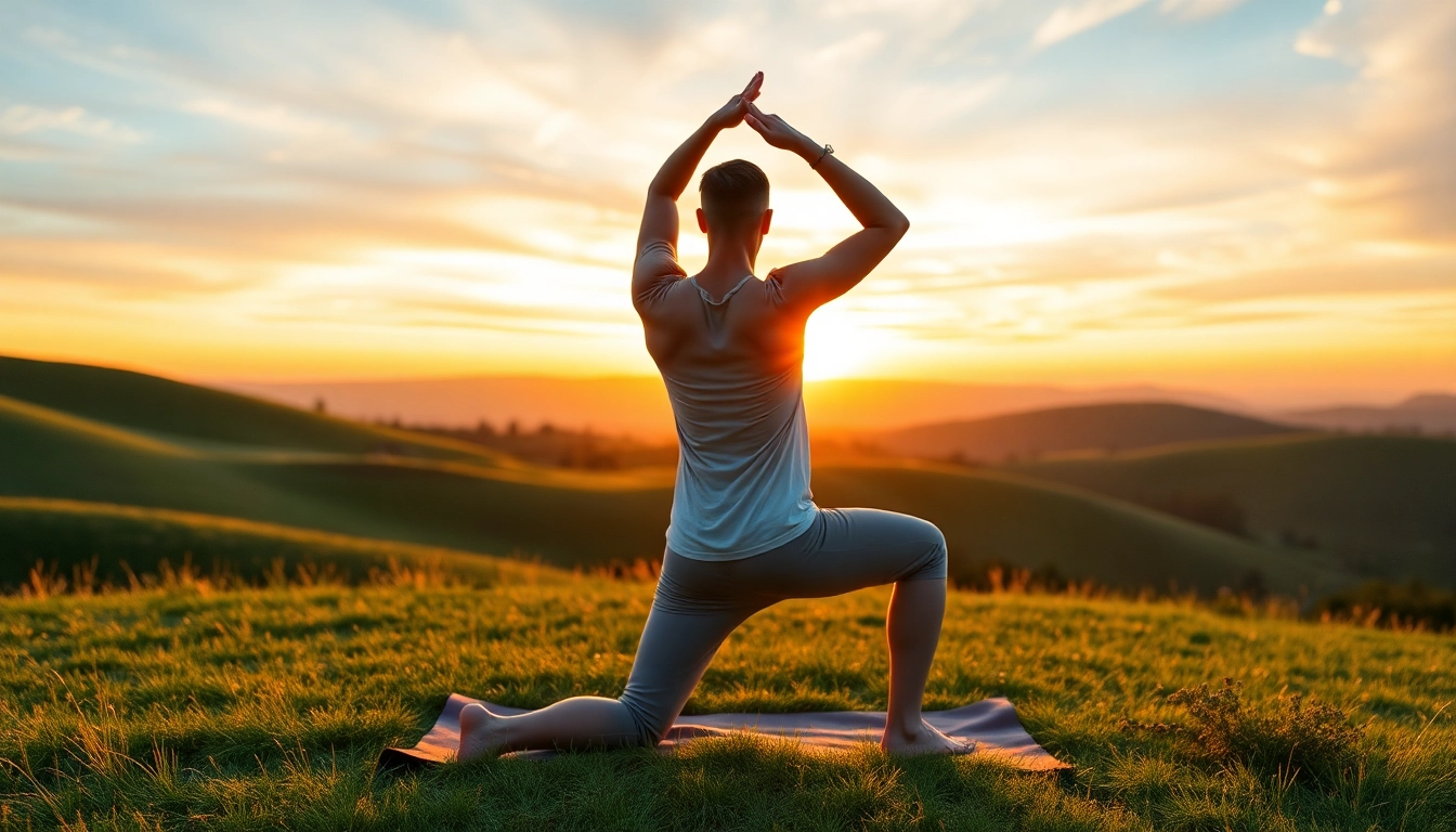 Practicing yoga as a natural back pain solution in a sunny, tranquil hillside setting.