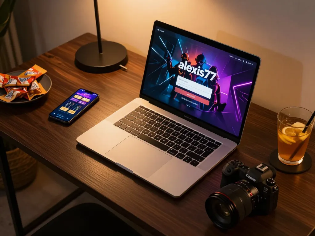 Engaging scene of a cozy home setup for online gaming featuring the alexis77 login interface, creating a welcoming atmosphere for responsible gambling.