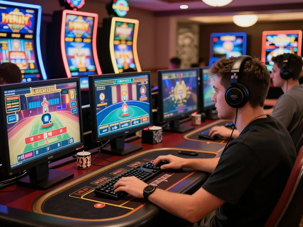 Player immersed in online gambling experience showcasing vt888 gaming screens with live dealers and slots.