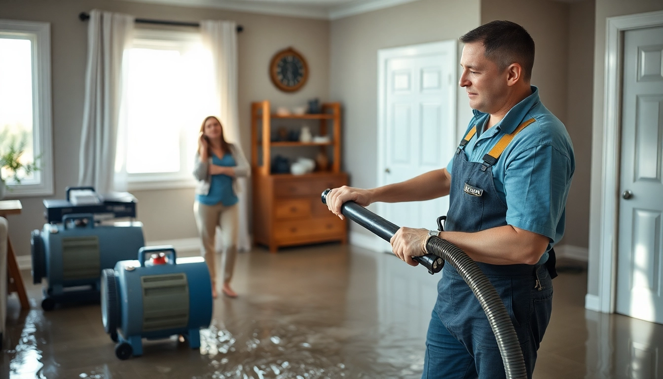 Restoration technicians providing disaster restoration services Chicago in a flooded home.