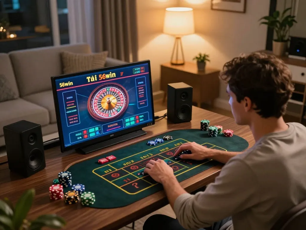Tại 56win online gaming session showcasing an exciting roulette wheel interface on a laptop.