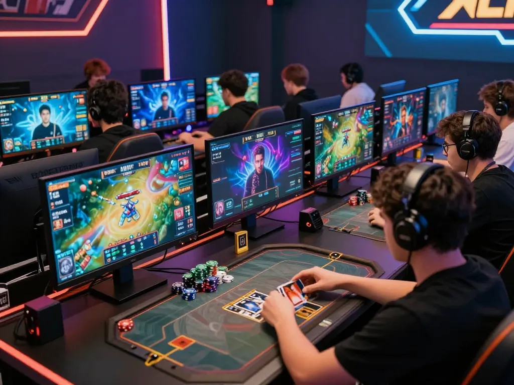 Players engaging in xổ số hubet88 online card games in a vibrant gaming atmosphere with dynamic visuals.