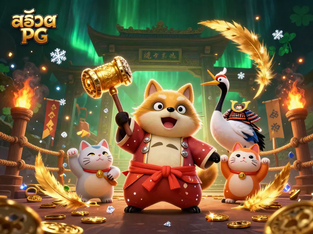 หมุนสล็อต PG พร้อมสัญลักษณ์โชคดีและแมวนำโชคในโลกเกมคาสิโน
