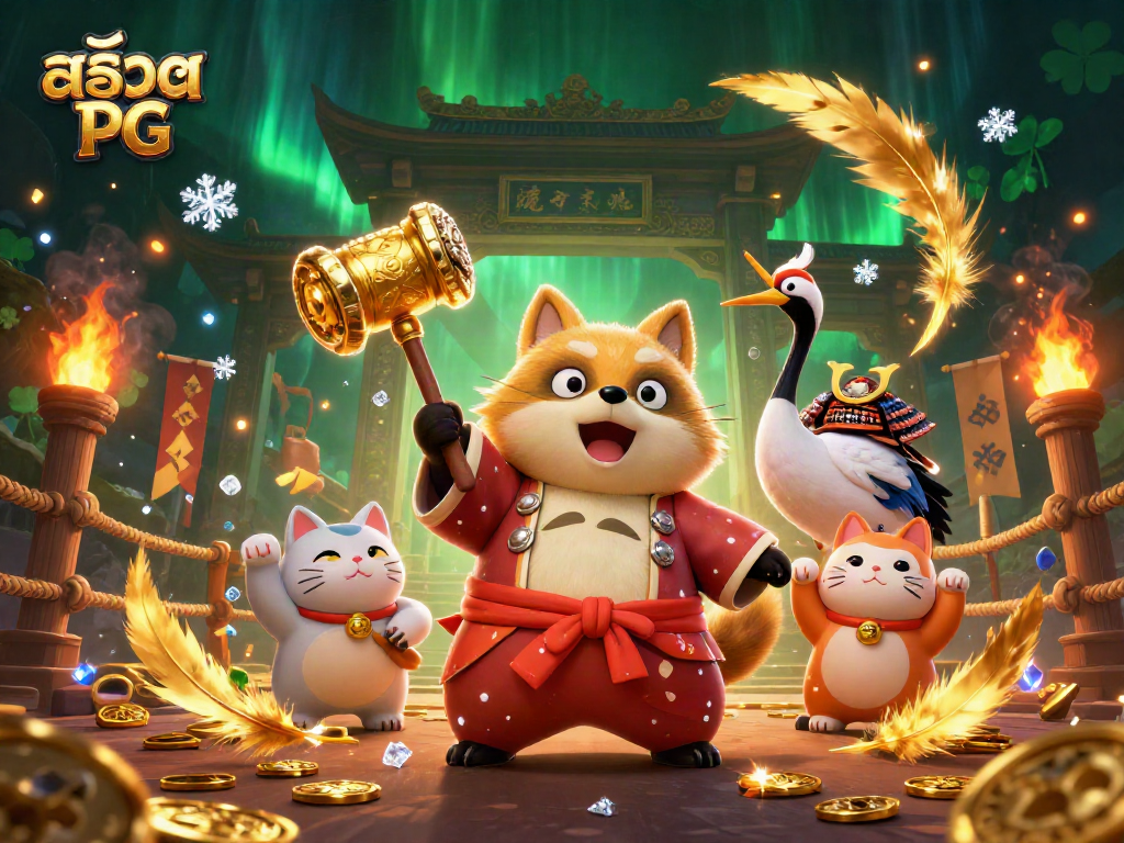 หมุนสล็อต PG พร้อมสัญลักษณ์โชคดีและแมวนำโชคในโลกเกมคาสิโน