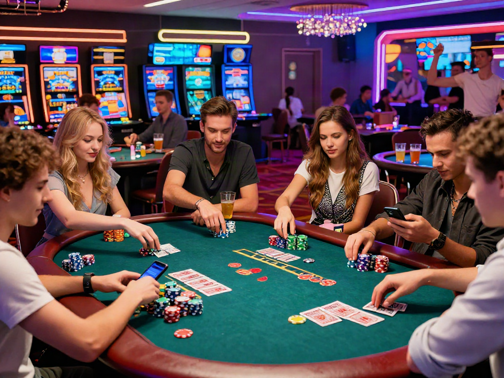 situs casino game night with friends enjoying poker and blackjack in a vibrant setting