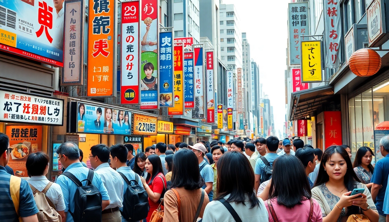 日本のトレンドを紹介する東京の市場の賑やかなシーン。