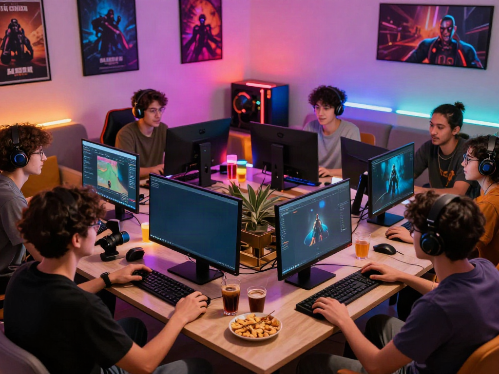Engaged group gaming session featuring ORION88 with snacks and ambient lighting.