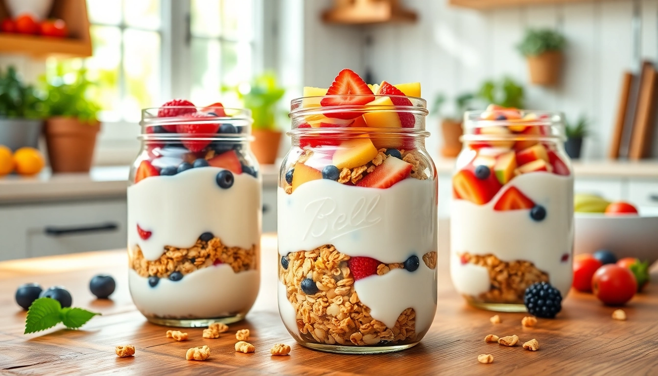 Healthy breakfast jars from https://masonjarbreakfast.com with delicious ingredients.