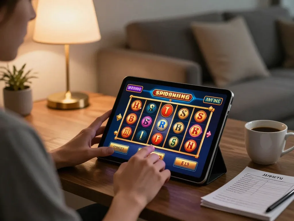 Engaging in Link Gaco slot game on a tablet in a cozy home setting, promoting responsible gambling.