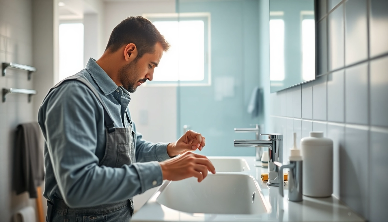 Arbeiten von sonni sanitär GmbH bei der Installation von modernen Sanitäranlagen in einem hellen Bad.