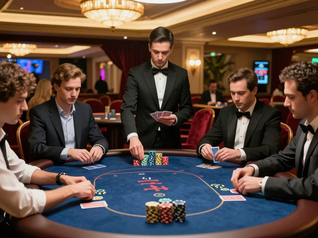 Players engaging in strategic gameplay at manclub poker table in a luxurious casino setting.