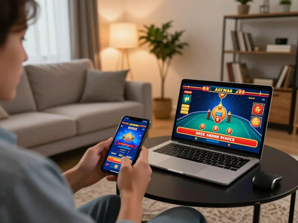 Player enjoying mobile casino gameplay on link w18 app while relaxing at home, showcasing modern entertainment.