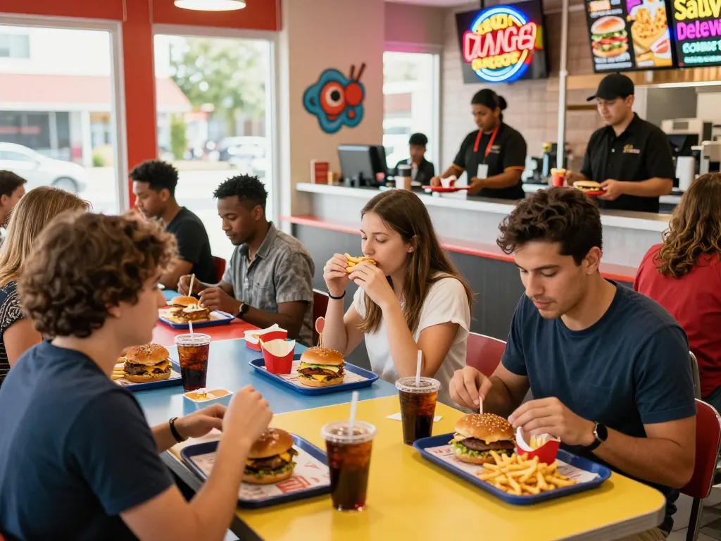 Customers enjoying fast food prices in a lively restaurant atmosphere