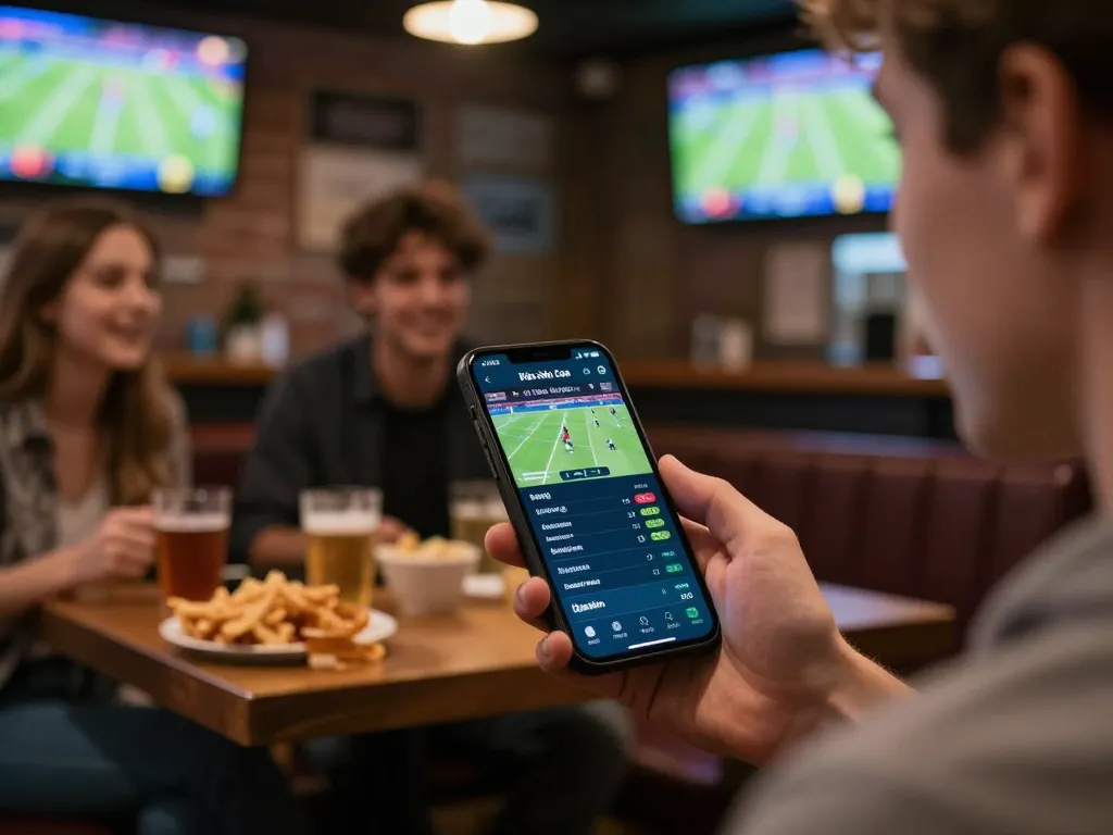 Engaged user analyzing Kèo nhà cái betting odds on mobile app in a vibrant sports bar setting.