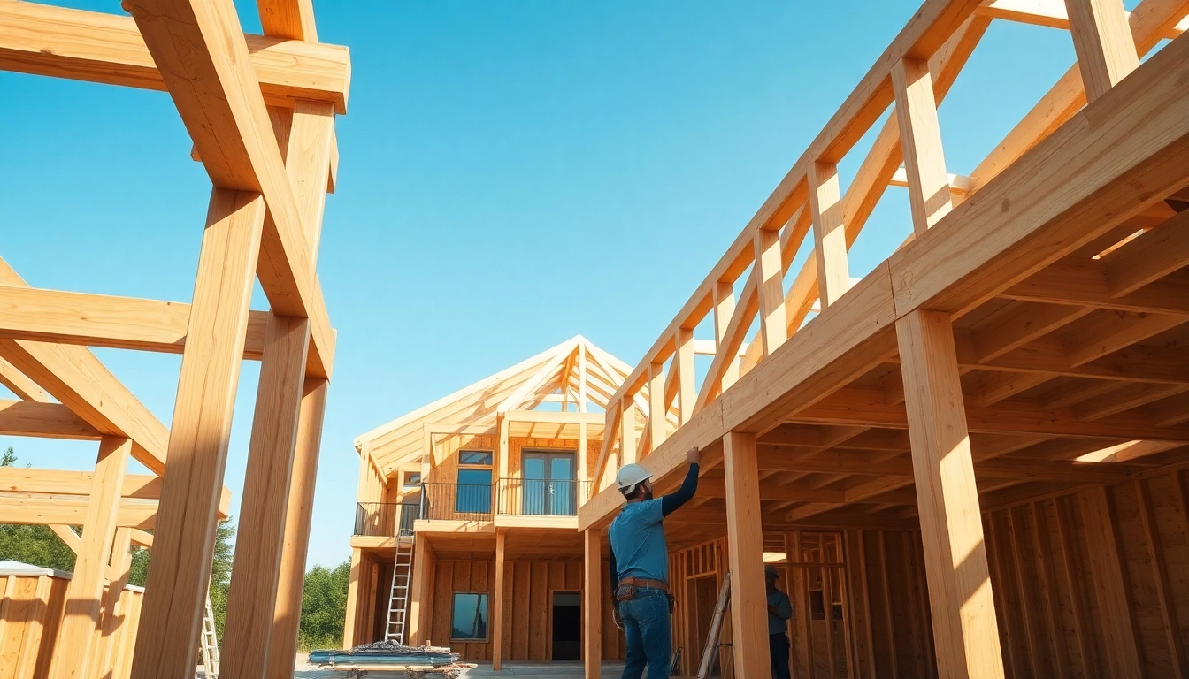 Explore timber frame solutions with skilled craftsmen assembling wooden structures in a bright construction site.