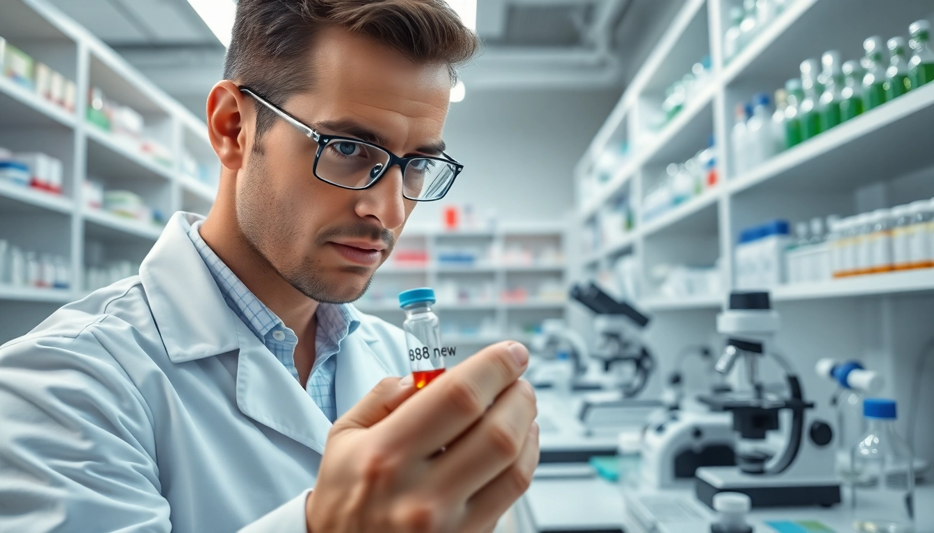 Researcher studying a vial labeled 888 new in a bright, professional lab environment.