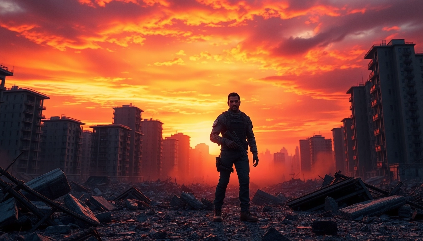 Gripping action thriller scene showcasing a hero in a city in ruins with dramatic lighting.