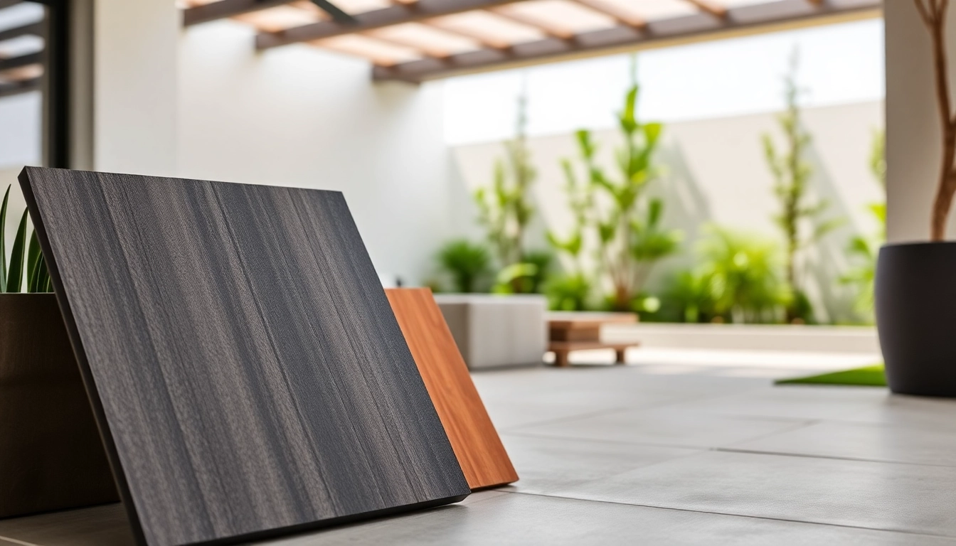 Showcasing Waterproof Composite Panels in a stylish outdoor patio setting with lush greenery.