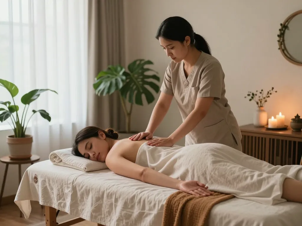 Relaxing massage session at home featuring therapeutic care by www.maxim-anma.net specialists in a serene setting.