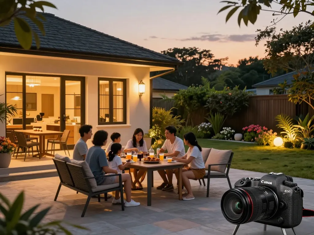 Dusk to dawn outdoor lights illuminating a cozy patio gathering, enhancing safety and ambiance.