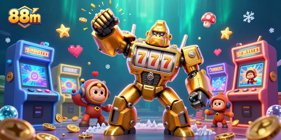 Experience winning at 88m with a dynamic scene featuring a golden gorilla mech, colorful arcade games, and jackpot symbols.