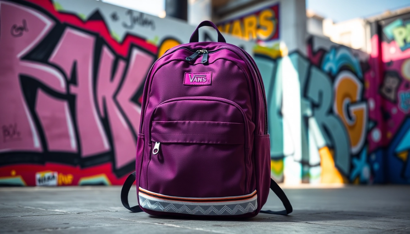 Levanta la mochila vans morada mostrando su diseño moderno en un fondo urbano vibrante.