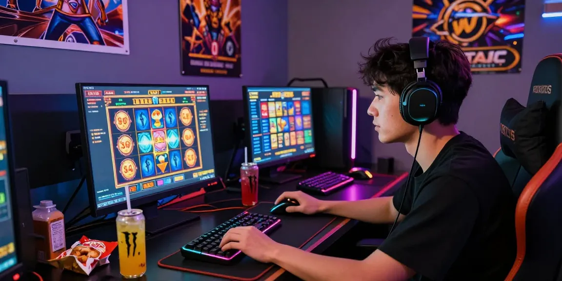 Engaged gamer playing slot games on a laptop with vibrant graphics.