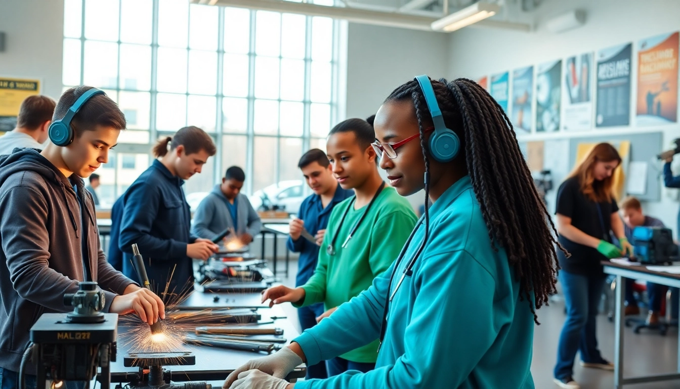 Students actively learning at a Trade School In Tennessee with hands-on training in a modern classroom.