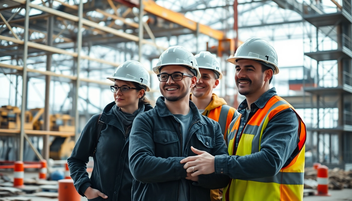 Engaged construction apprentices collaborating on-site during a training session.