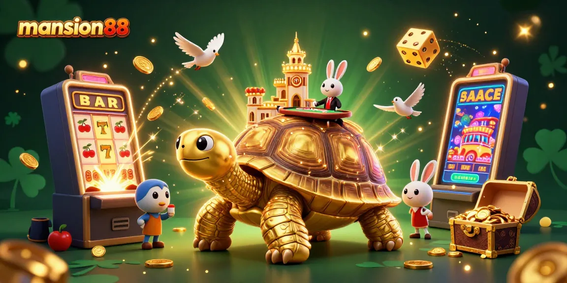 Engage with mansion88's vibrant casino experience featuring a golden tortoise and rabbit dealer