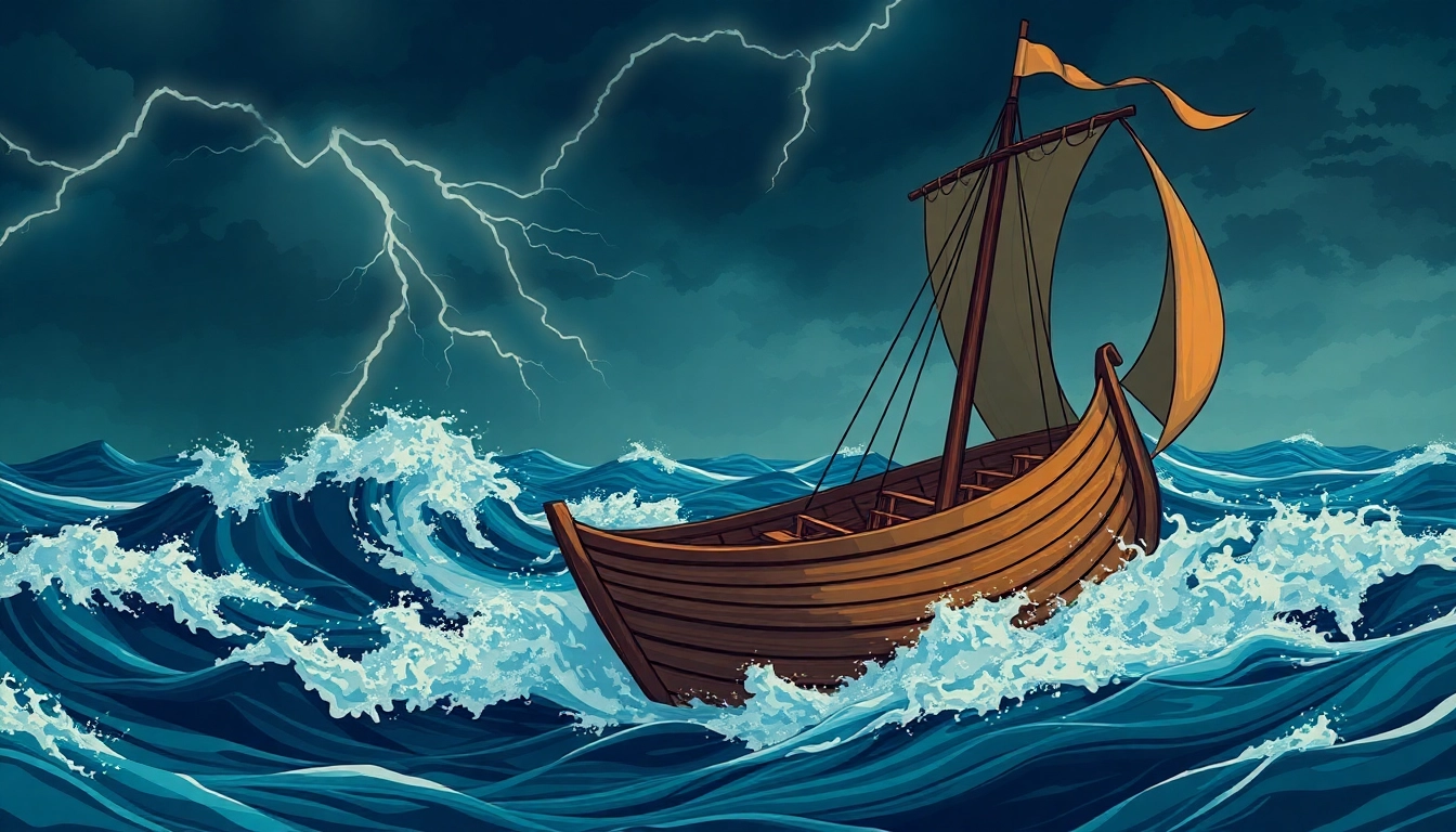 Discovering the odyssey meaning origin through a depiction of Odysseus' journey amidst tumultuous seas.