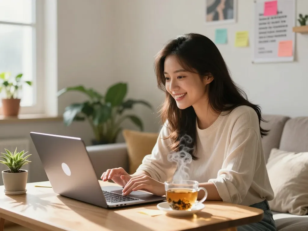 Engaging in ai sex chat on a laptop in a cozy home office.