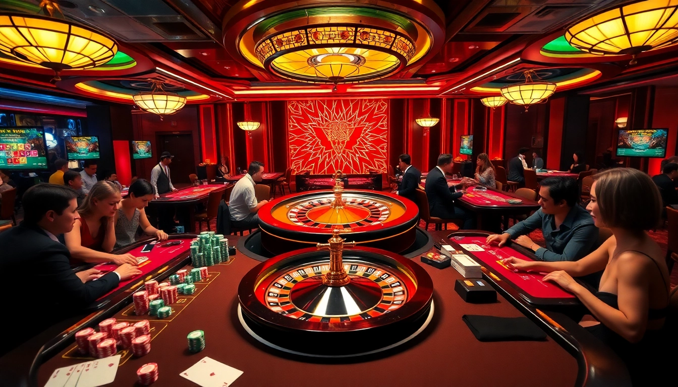 Joueurs engagés profitant des jeux de casino en ligne à des tables luxueuses et des roues de roulette.
